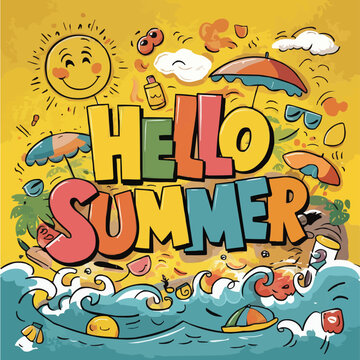 Hello summer colorful vector art illustration with different customized vector illustration art