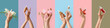 Set of female hands with cosmetic products on color background