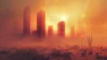 Futuristic Cityscape In A Misty Desert Under A Giant Moon At Sunset