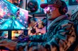 VR Gamer in Neon-Lit Room, Midrange Side View