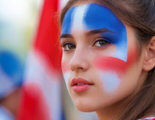 Young woman smiling with the French flag on her cheek celebrating a national event, Paris, France, July 26, 2024