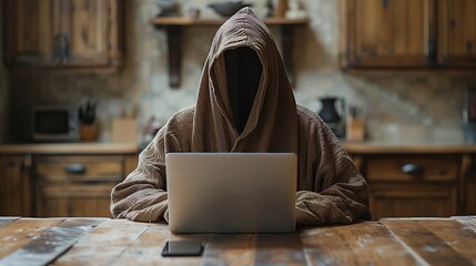 Wall Mural - Hooded figure at table with laptop on wood flooring