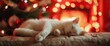 A white cat sleeping on the sofa, Christmas tree in front of it and fireplace with lights behind him, warm colors, red walls in background