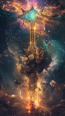 a fantasy art illustration of a mystical sword embedded in a stone amidst swirling cosmic energy, dr