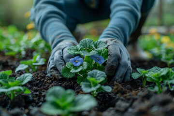 Sticker - A gardener tending to their plants and flowers, finding joy and fulfillment in nurturing new life. Concept of growth and connection to nature. Generative Ai.