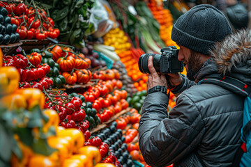 Poster - a photographer capturing the vibrant colors of a farmers' market in full swing, documenting the esse