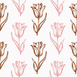 Vintage seamless pattern with pink tulips.