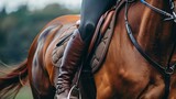 Fototapeta  - A high boot-clad rider's leg in a stirrup, mounted on a chestnut horse. Equestrian sport and the rider's equipment and attire. Horsemanship and importance of proper equestrian gear