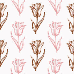 Poster - Vintage seamless pattern with pink tulips.