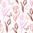 Vintage seamless pattern with pink tulips and butterfly
