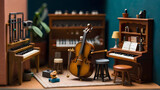 Fototapeta  - A tiny music studio with miniature instruments, recording equipment, and tiny musicians creating a small-scale symphony - AI