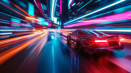 Modern futuristic car in movement. Cars lights on the road at night time. hyperlapse of transportation. Motion blur, light trails 