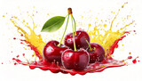 Sweet cherries and splash of juice isolated on white