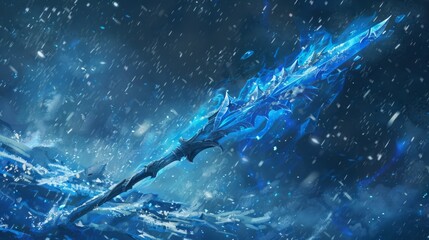 Wall Mural - A blue spear with ice crystals, icy magic and snowflakes on the head of it, a magical weapon for an anime character in battle