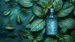 An illustration of mouthwash and leaves on a mint background with room for a text can be found here