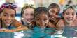 © JW Studio - Group of happy kids learning swimming in indoor summer pool. Happy children kids group at swimming pool class learning to swim, happy summer vacation.