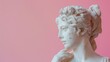 Muse sculpture statue being thoughtful isolated on minimal pastel pink background with copy space, Emotions, thoughtfulness, creative concept.