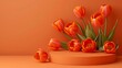 Orange spring product display podium with orange tulips flowers on orange background, fresh floral display platform for cosmetic, feminine product, spring and summer vivid color mock up backgrounds.