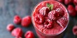 Close up of raspberry smoothie glass decorated with fresh raspberries and mint berries, copy space, summer delight cold drink.