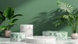 white marble display podium with leaves and shadow in green background, marble stone pedestal podium with natural shadow in natural background for cosmetic beauty product presentation concept .