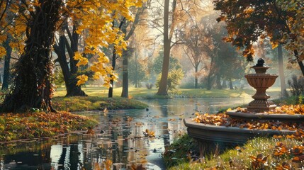 Poster - A beautiful painting of a fountain in a park. Ideal for interior decor