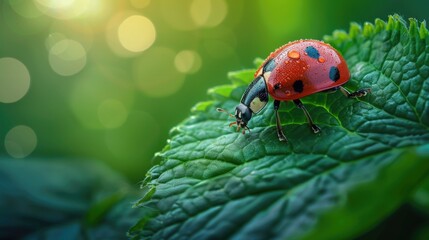 Poster - Ladybug perched on a vibrant green leaf, perfect for nature-themed designs