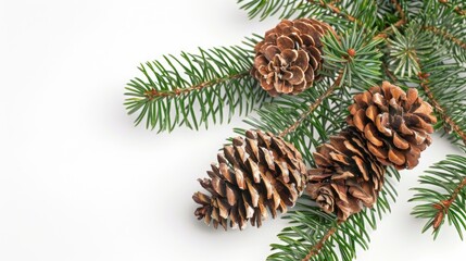Poster - Pine cones hanging on a branch of a pine tree. Ideal for nature and Christmas themed designs