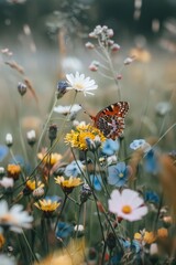 Poster - A butterfly perched on a colorful field of flowers. Suitable for nature and spring-themed designs