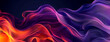 Neon, wallpaper and abstract pattern or waves on black background for banner, screen saver and network. Purple, color and vaporwave for texture or connection, digital smoke and design for technology.