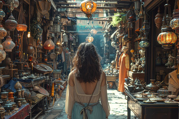 Poster - a shopper browsing the stalls of a vibrant flea market, discovering hidden treasures and unique find