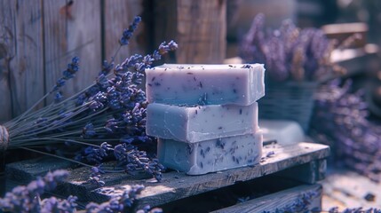 Poster - A stack of soap on a wooden table, suitable for hygiene and wellness concepts