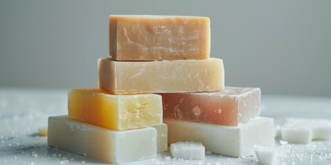 Poster - A pile of soap blocks on a table, suitable for hygiene or cleaning concept