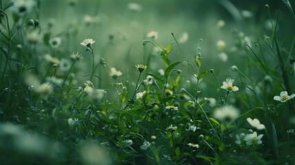 Wall Mural - Intensely cut green foliage among untamed field blooms