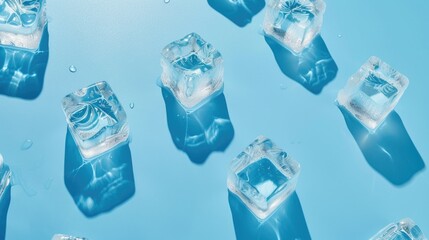 Poster - Group of ice cubes on a blue surface, perfect for summer drink concepts
