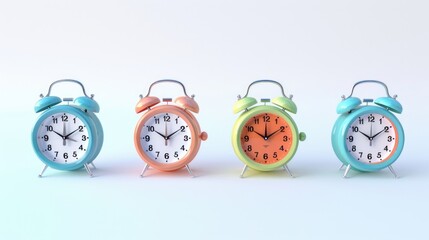 Poster - Three alarm clocks lined up next to each other. Suitable for time management concepts