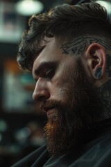 Poster - A close up of a man with a tattoo on his head. Perfect for tattoo or lifestyle concepts