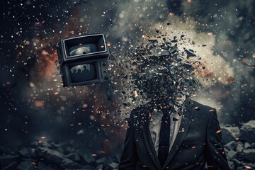 Poster - A man in a suit and tie standing in front of a pile of rubble. Suitable for business concept