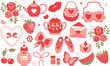 Cute red set retro 90s coquette style with Beautiful dishes, bow, perfume, cherry. Princess collection. Love Valentines Day.Vector illustration