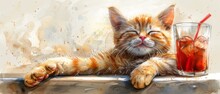Funniest Cat On Vacation, Sunbathing With Cocktail, Hand Drawn Clipart For Cards, T-shirts, Illustrations With Cartoon Characters