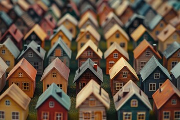 Canvas Print - A cluster of small wooden houses in a peaceful field. Perfect for real estate or countryside concepts