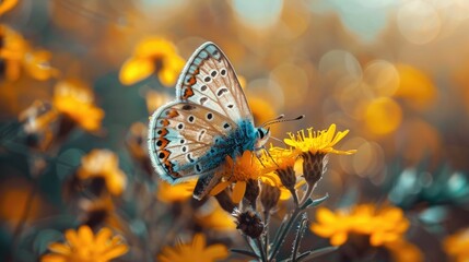 Poster - Beautiful butterfly perched on vibrant yellow flower. Perfect for nature and garden concepts