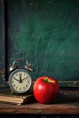 Poster - A red apple next to an alarm clock, suitable for various concepts