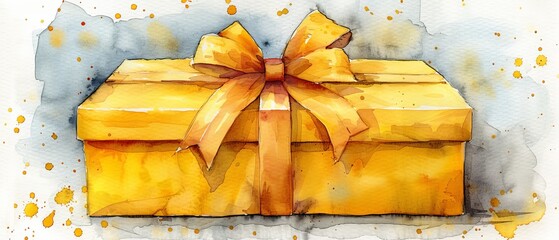 Wall Mural - Yellow gift box watercolor illustration, good for design of greeting cards and prints