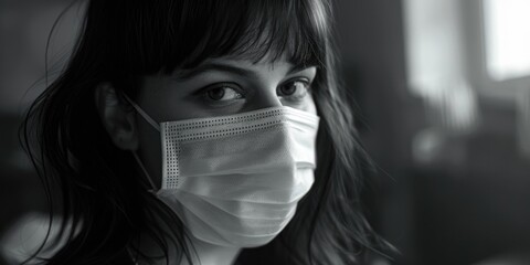 Poster - A woman wearing a face mask in black and white, suitable for health and safety concepts