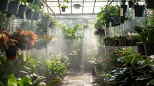 Organized Greenhouse Interior, Rows Of Exotic Plants, Hanging Pots, Clear Labels, Mist In The Air