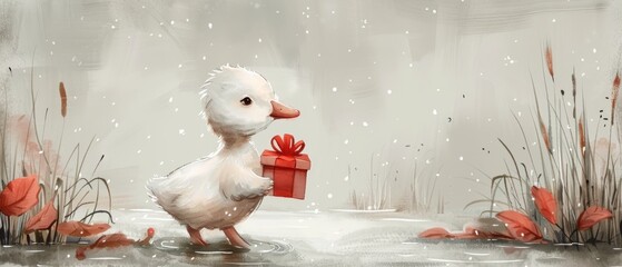 Wall Mural - The cute goose with the present box is illustrated in watercolor style, and is a good holiday clipart for cards and prints.