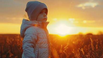 Wall Mural - A young girl standing in a field at sunset. Suitable for nature and lifestyle themes