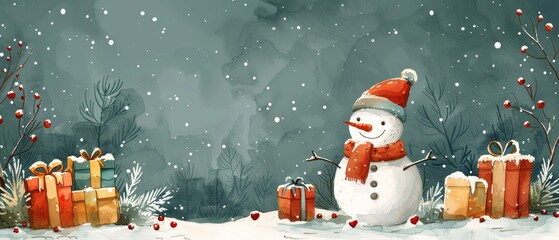 Wall Mural - An adorable snowman is holding gifts in the snow, a watercolor style clipart illustration ideal for card design or the design of a print.