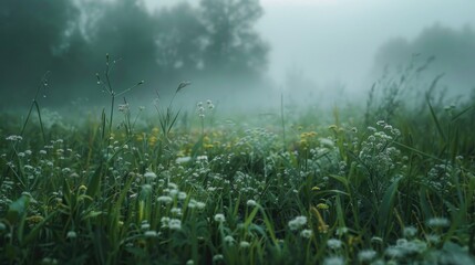 Aufkleber - A serene field of grass and wildflowers enveloped in fog. Perfect for nature and landscape designs
