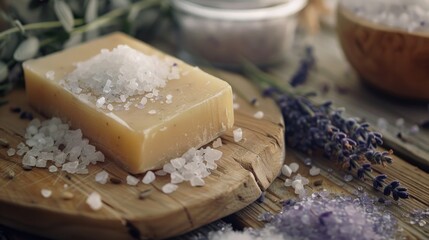 Aufkleber - Close up of a bar of soap on a cutting board, suitable for hygiene or natural products concept
